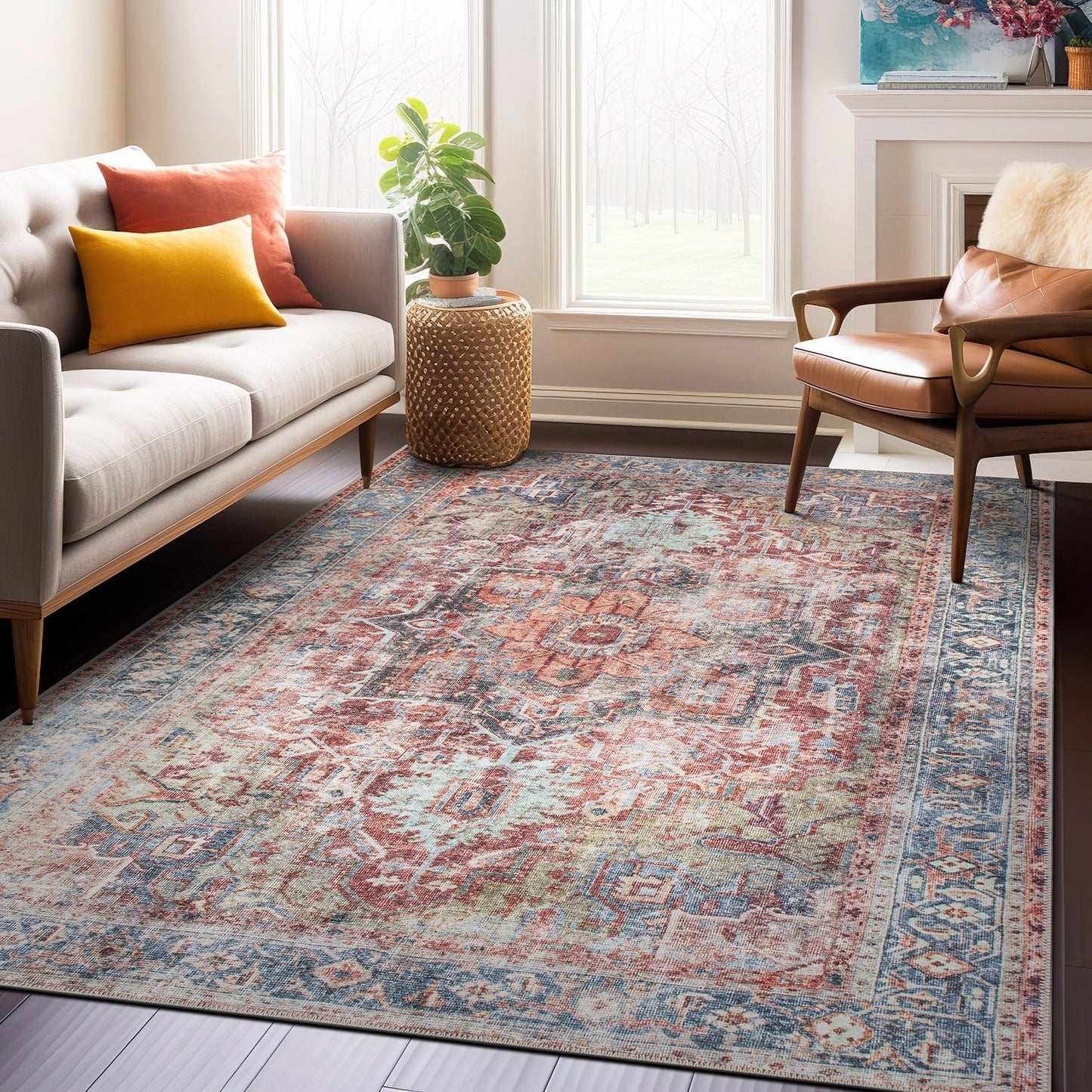 Traditional Distressed Machine Washable Area Rug