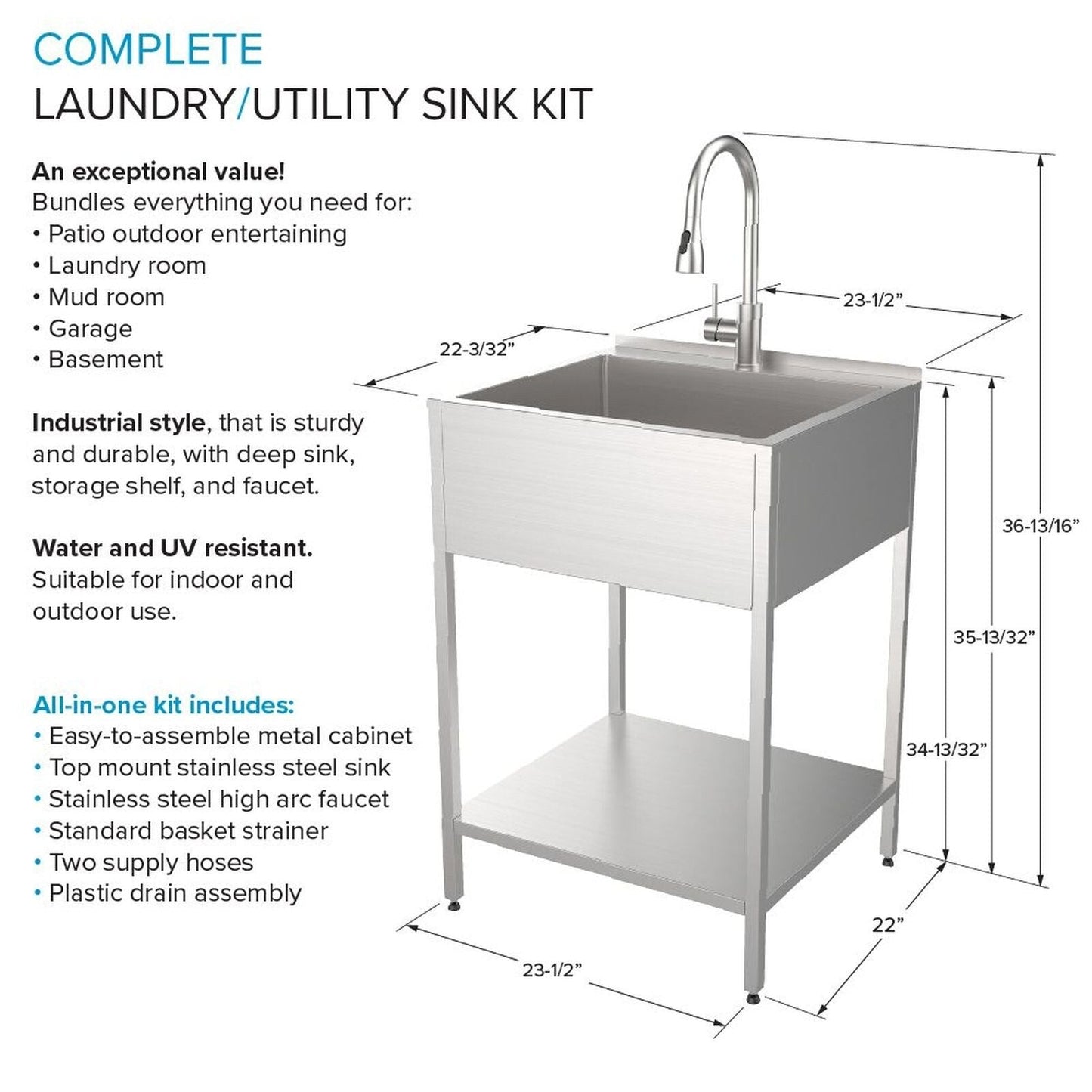 Transolid EWS-2422S Lavabo et support de lavage en acier inoxydable pour buanderie - 61 cm L x 56 cm P x 89 cm H - 61 cm x 56 cm