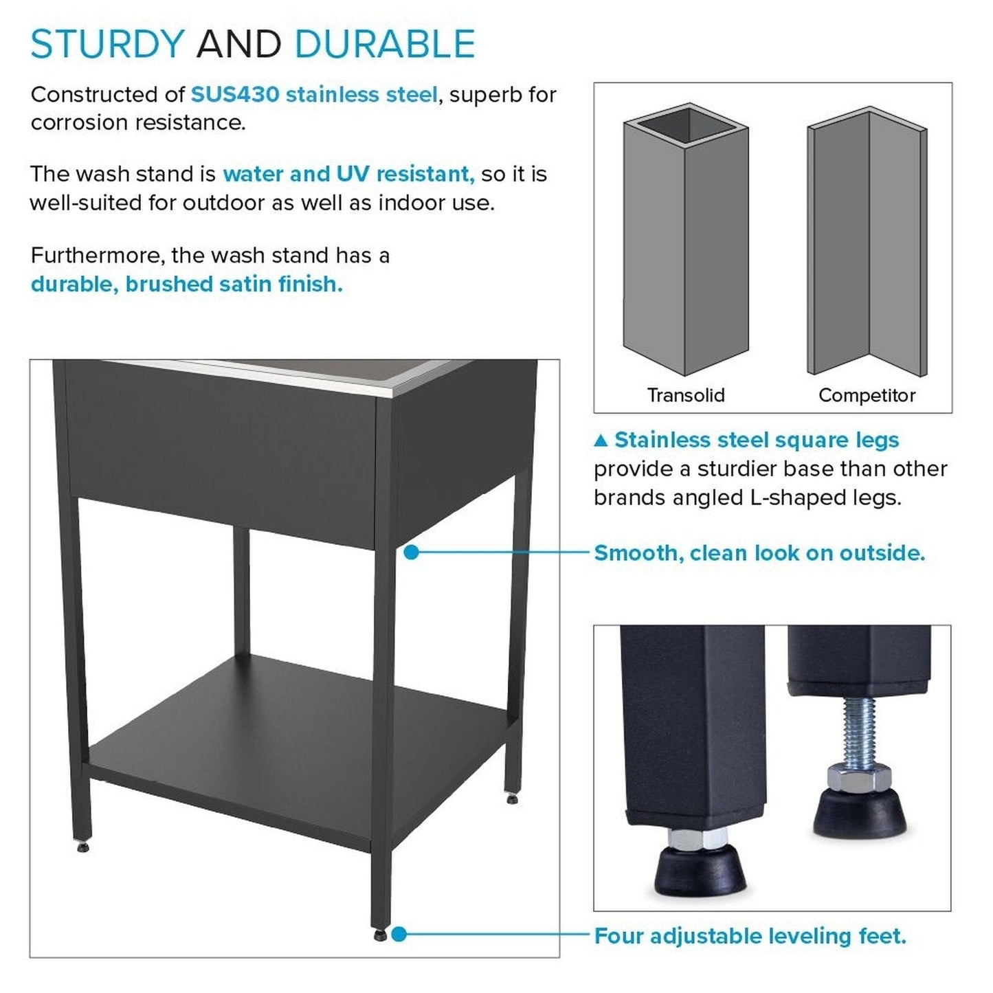 Transolid EWS-2422S Lavabo et support de lavage en acier inoxydable pour buanderie - 61 cm L x 56 cm P x 89 cm H - 61 cm x 56 cm