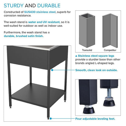 Transolid EWS-2422S Lavabo et support de lavage en acier inoxydable pour buanderie - 61 cm L x 56 cm P x 89 cm H - 61 cm x 56 cm