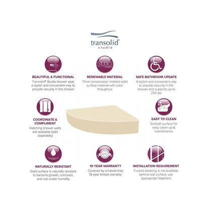 Transolid Studio, siège de douche d'angle mural en surface solide, 35,5 x 35,5 cm - 36,8 x 36,2 x 7,6 cm