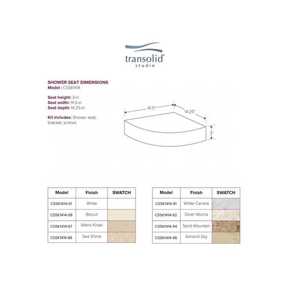 Transolid Studio, siège de douche d'angle mural en surface solide, 35,5 x 35,5 cm - 36,8 x 36,2 x 7,6 cm