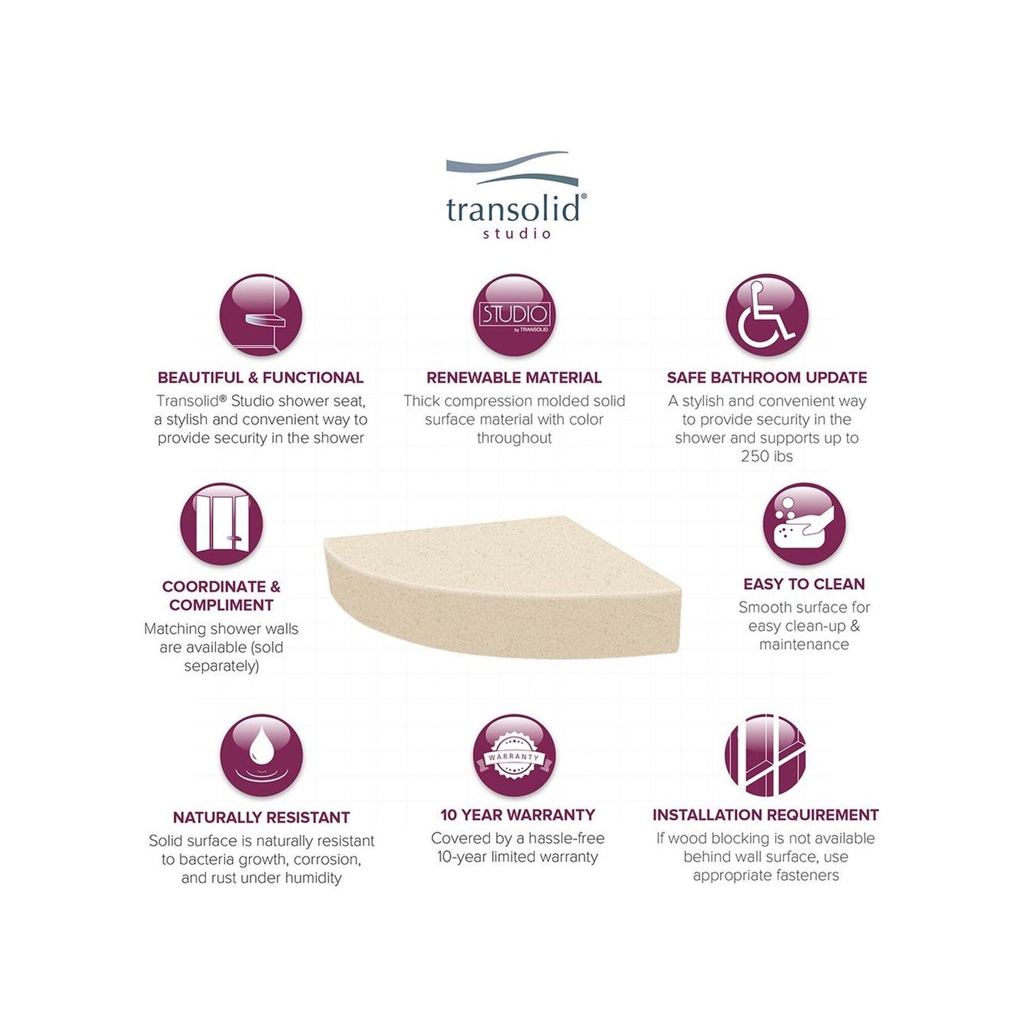 Transolid Studio, siège de douche d'angle mural en surface solide, 35,5 x 35,5 cm - 36,8 x 36,2 x 7,6 cm