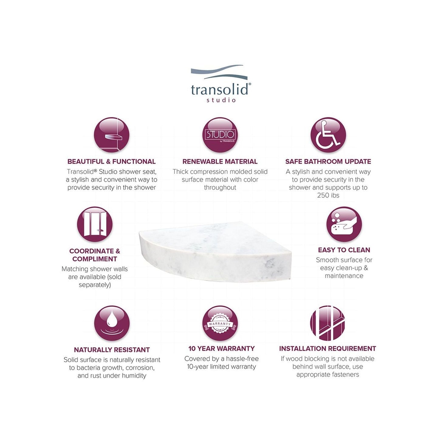 Transolid Studio, siège de douche d'angle mural en surface solide, 35,5 x 35,5 cm - 36,8 x 36,2 x 7,6 cm