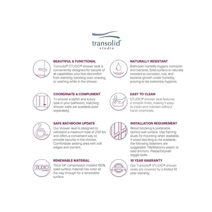 Transolid Studio, siège de douche d'angle mural en surface solide, 35,5 x 35,5 cm - 36,8 x 36,2 x 7,6 cm
