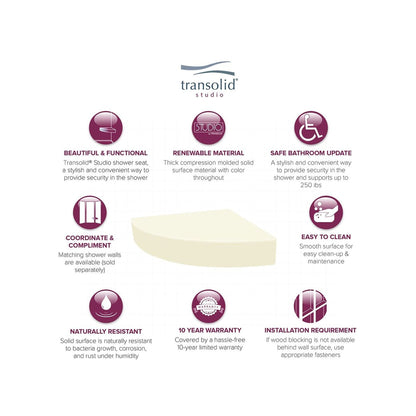 Transolid Studio, siège de douche d'angle mural en surface solide, 35,5 x 35,5 cm - 36,8 x 36,2 x 7,6 cm