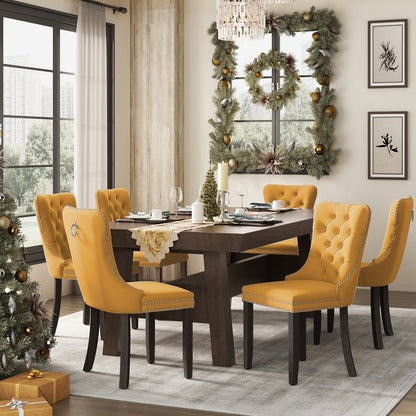 Lot de 6 chaises de salle à manger en velours capitonné avec pieds en bois massif.