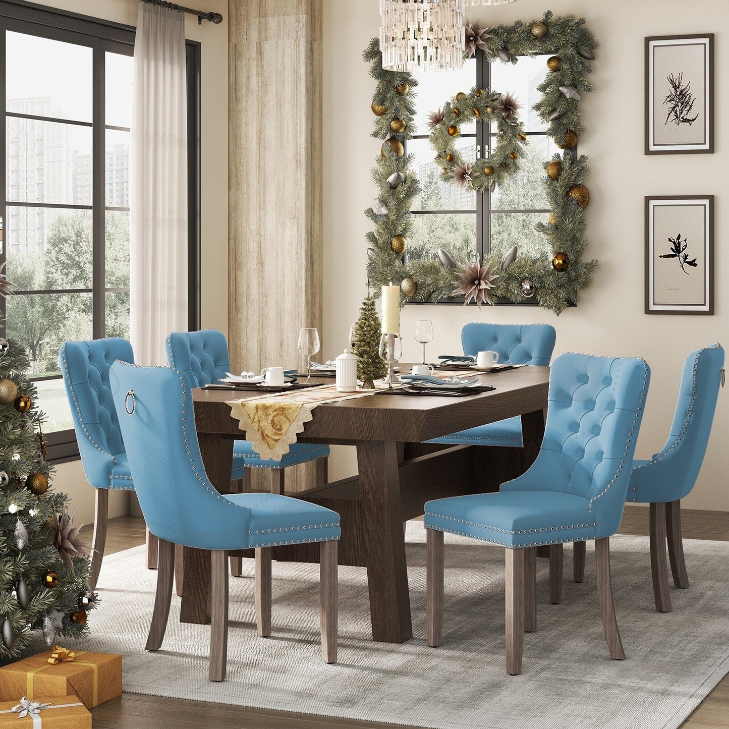 Lot de 6 chaises de salle à manger en velours capitonné avec pieds en bois massif.