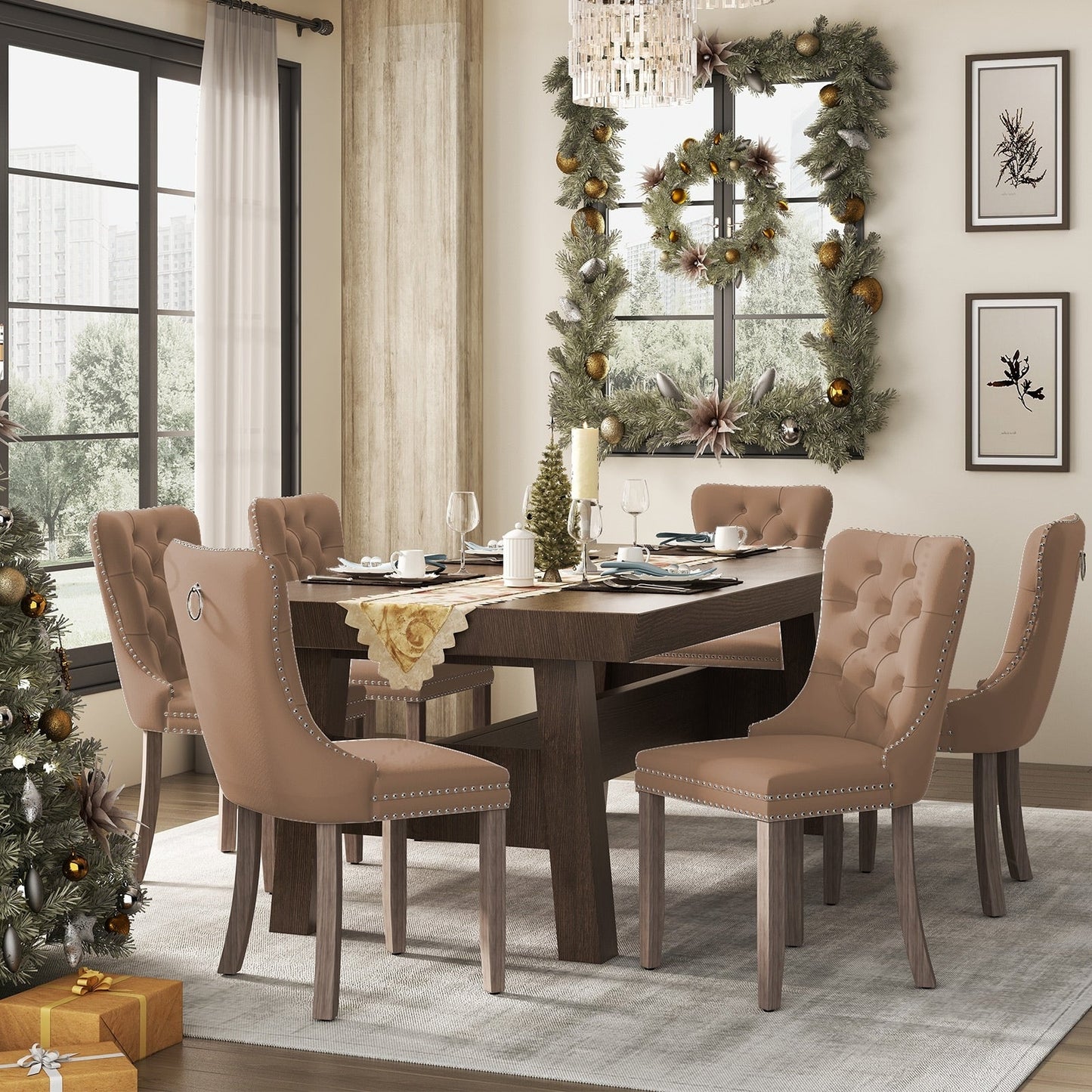 Lot de 6 chaises de salle à manger en velours capitonné avec pieds en bois massif.