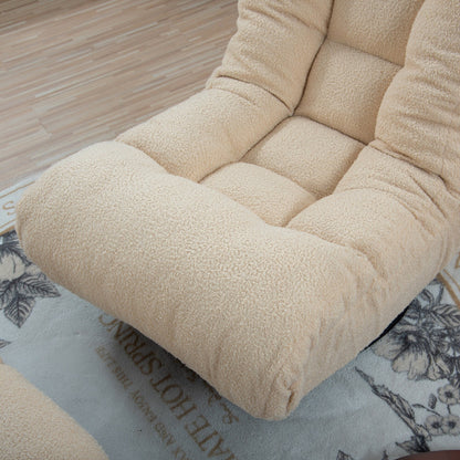 Ensemble de fauteuil inclinable sans accoudoirs, recouvert de tissu, avec repose-pieds et repose-tête réglable.