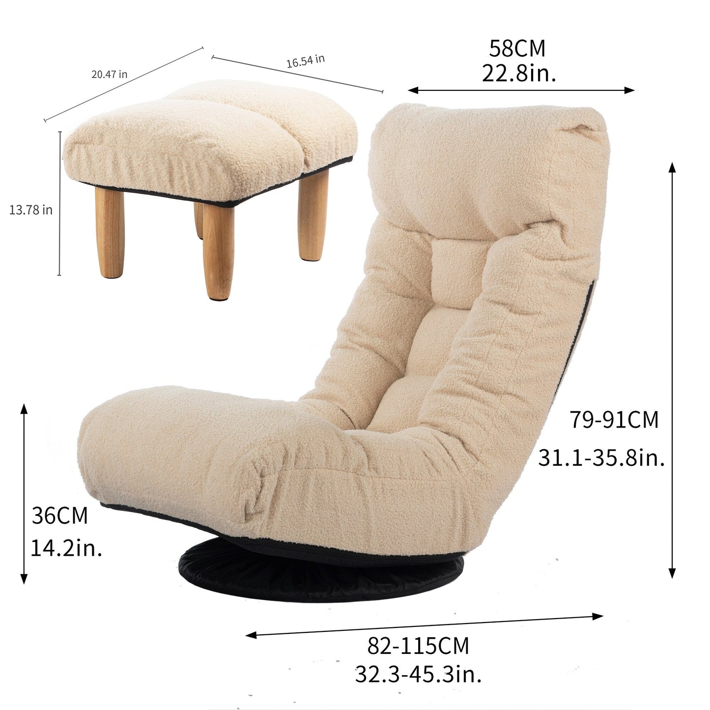 Ensemble de fauteuil inclinable sans accoudoirs, recouvert de tissu, avec repose-pieds et repose-tête réglable.