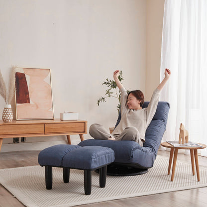 Ensemble de fauteuil inclinable sans accoudoirs, recouvert de tissu, avec repose-pieds et repose-tête réglable.