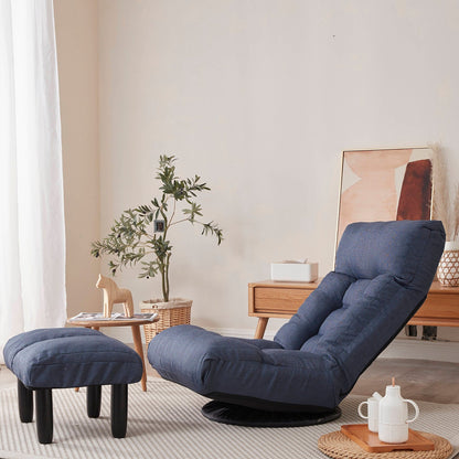 Ensemble de fauteuil inclinable sans accoudoirs, recouvert de tissu, avec repose-pieds et repose-tête réglable.