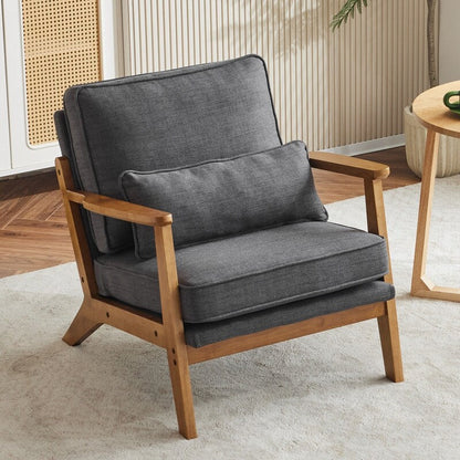 Fauteuil d'appoint en tissu mélangé de lin avec pieds en bois et un coussin beige.