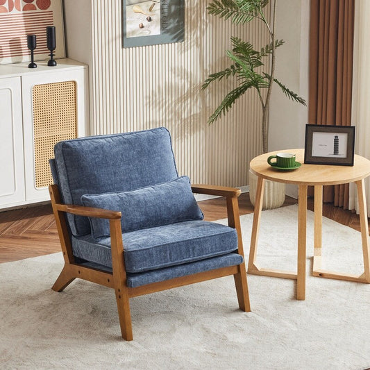 Fauteuil d'appoint en tissu mélangé de lin avec pieds en bois et un coussin beige.