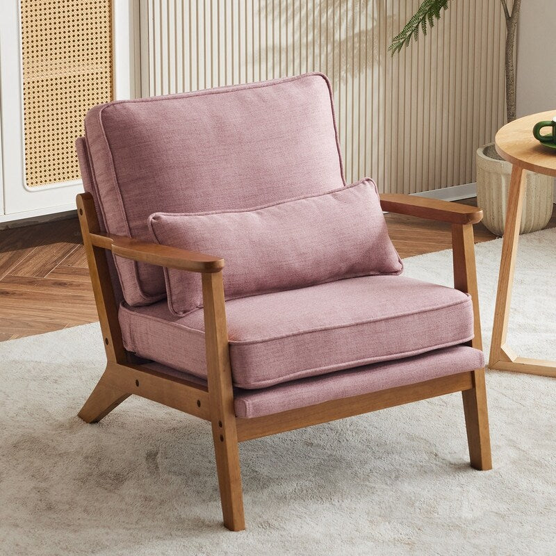 Fauteuil d'appoint en tissu mélangé de lin avec pieds en bois et un coussin beige.