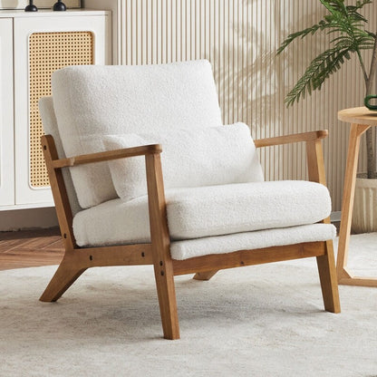 Fauteuil d'appoint en tissu mélangé de lin avec pieds en bois et un coussin beige.