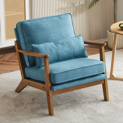 Fauteuil d'appoint en tissu mélangé de lin avec pieds en bois et un coussin beige.
