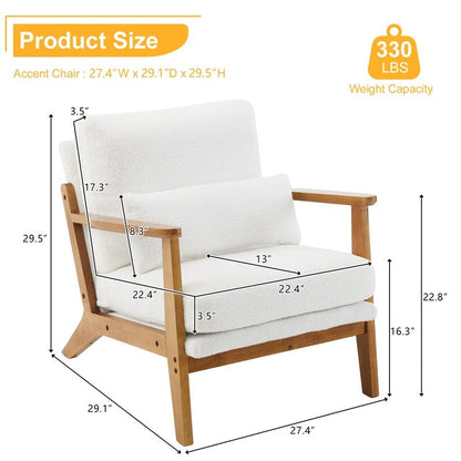 Fauteuil d'appoint en tissu mélangé de lin avec pieds en bois et un coussin beige.