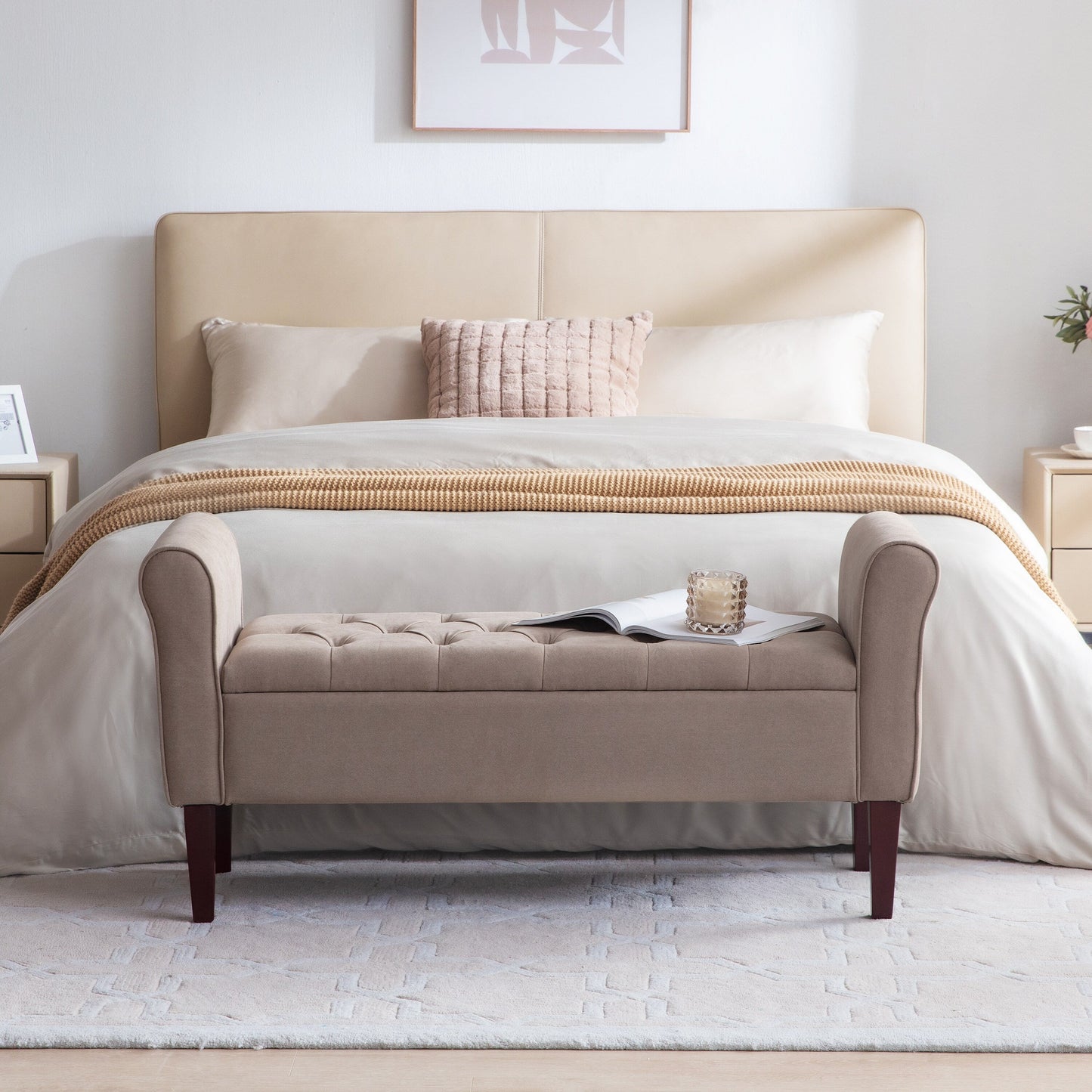 Banc de rangement capitonné, banc avec accoudoirs, banc d'entrée avec couvercle rabattable, 50,4 pouces.