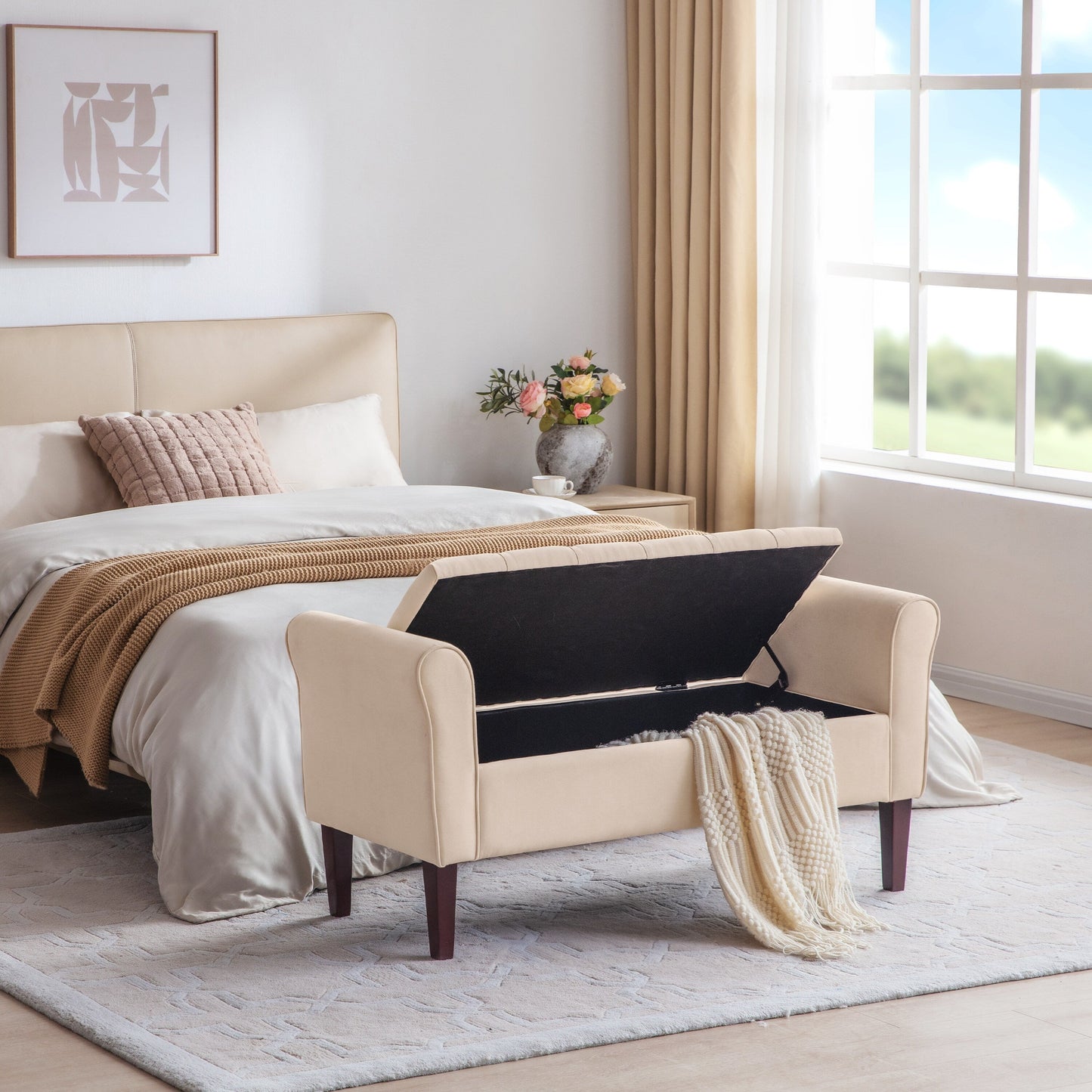 Banc de rangement capitonné, banc avec accoudoirs, banc d'entrée avec couvercle rabattable, 50,4 pouces.