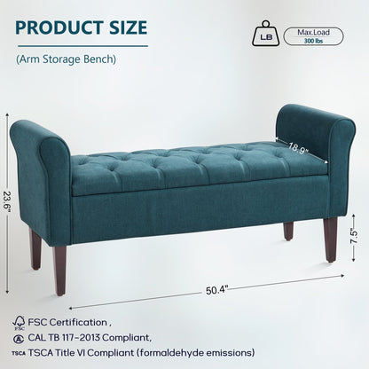 Banc de rangement capitonné, banc avec accoudoirs, banc d'entrée avec couvercle rabattable, 50,4 pouces.