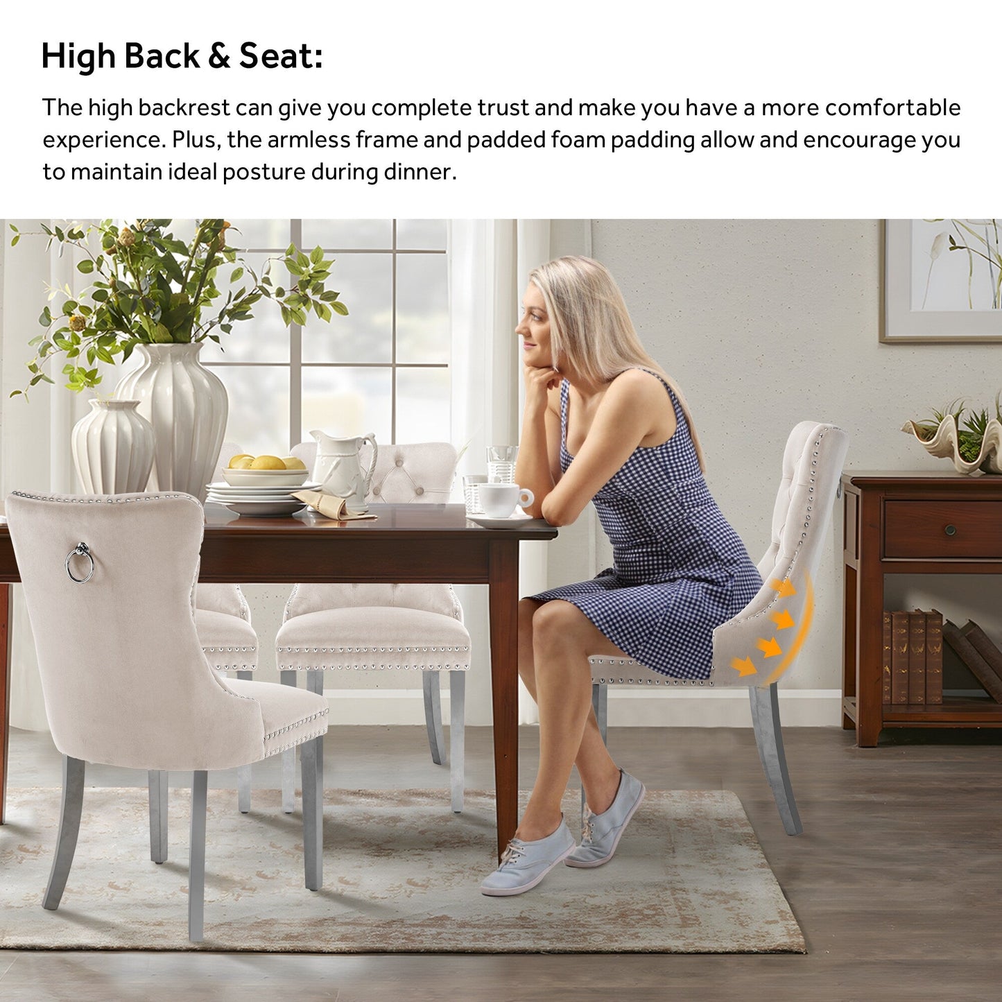 Lot de 6 chaises de salle à manger en velours capitonné avec pieds en bois massif.