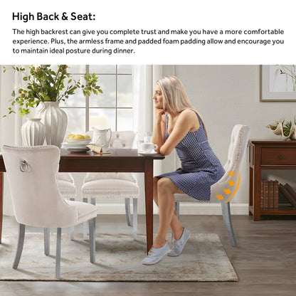 Lot de 6 chaises de salle à manger en velours capitonné avec pieds en bois massif.