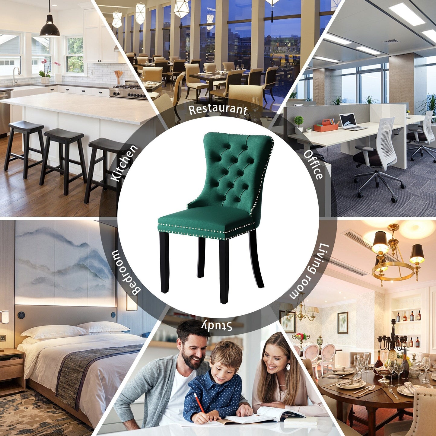 Lot de 6 chaises de salle à manger en velours capitonné avec pieds en bois massif.