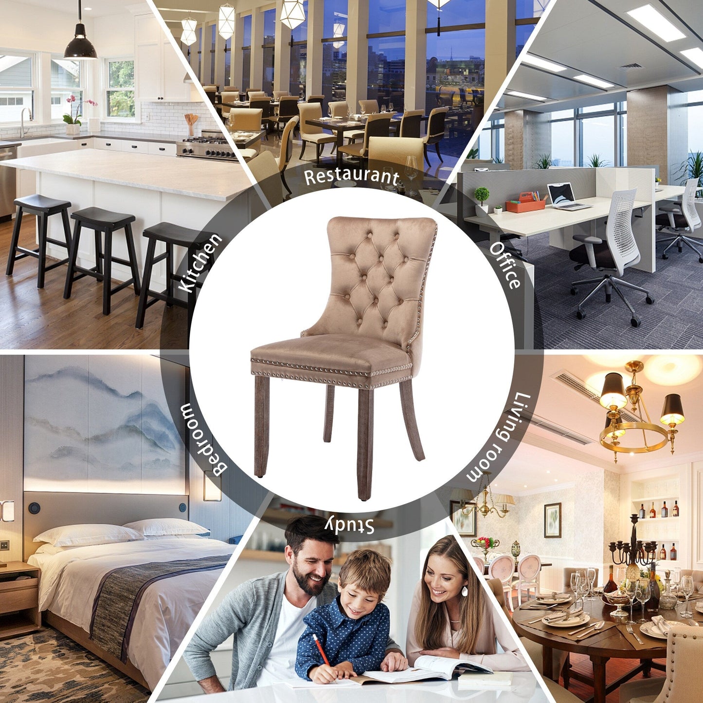 Lot de 6 chaises de salle à manger en velours capitonné avec pieds en bois massif.