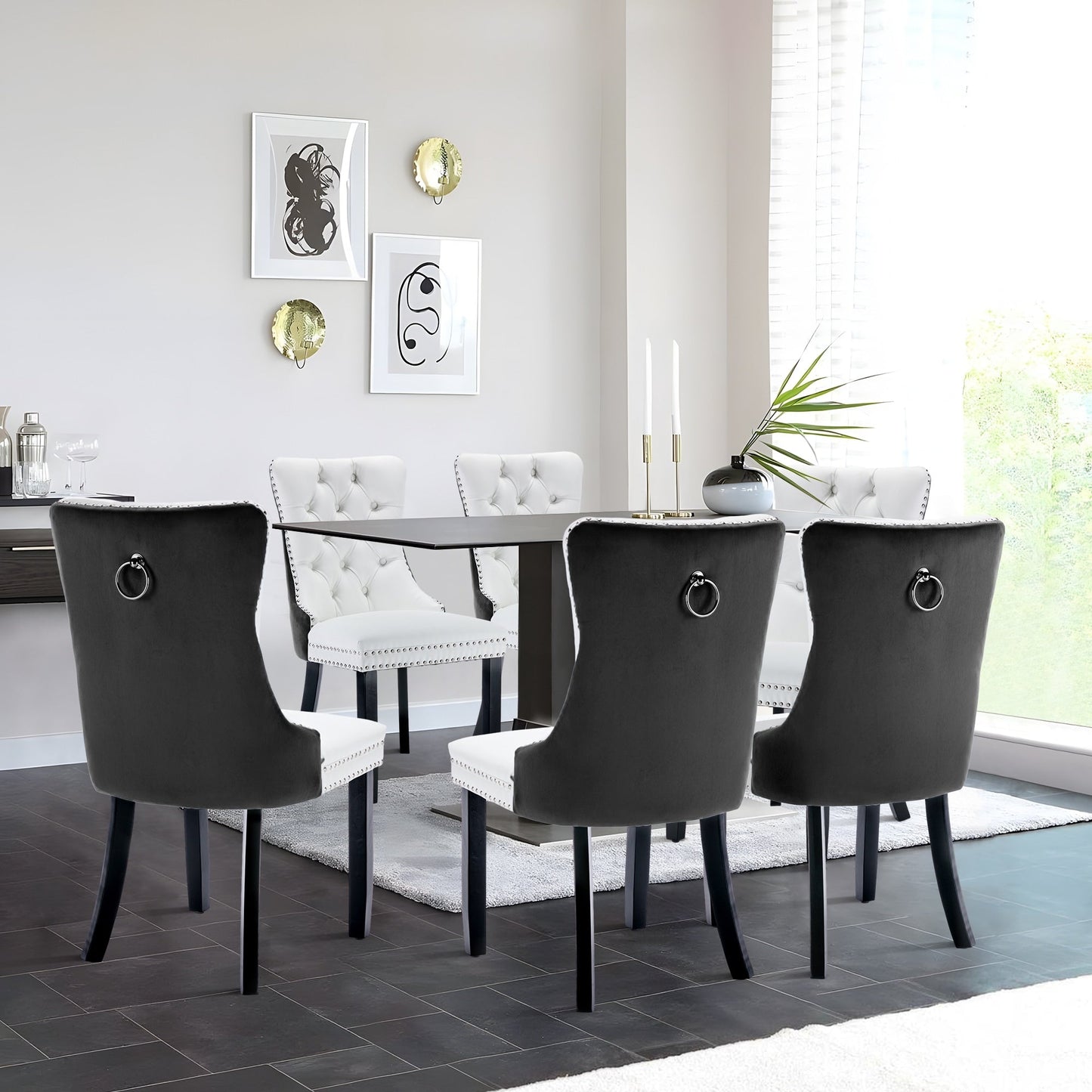 Lot de 6 chaises de salle à manger en velours capitonné avec pieds en bois massif.