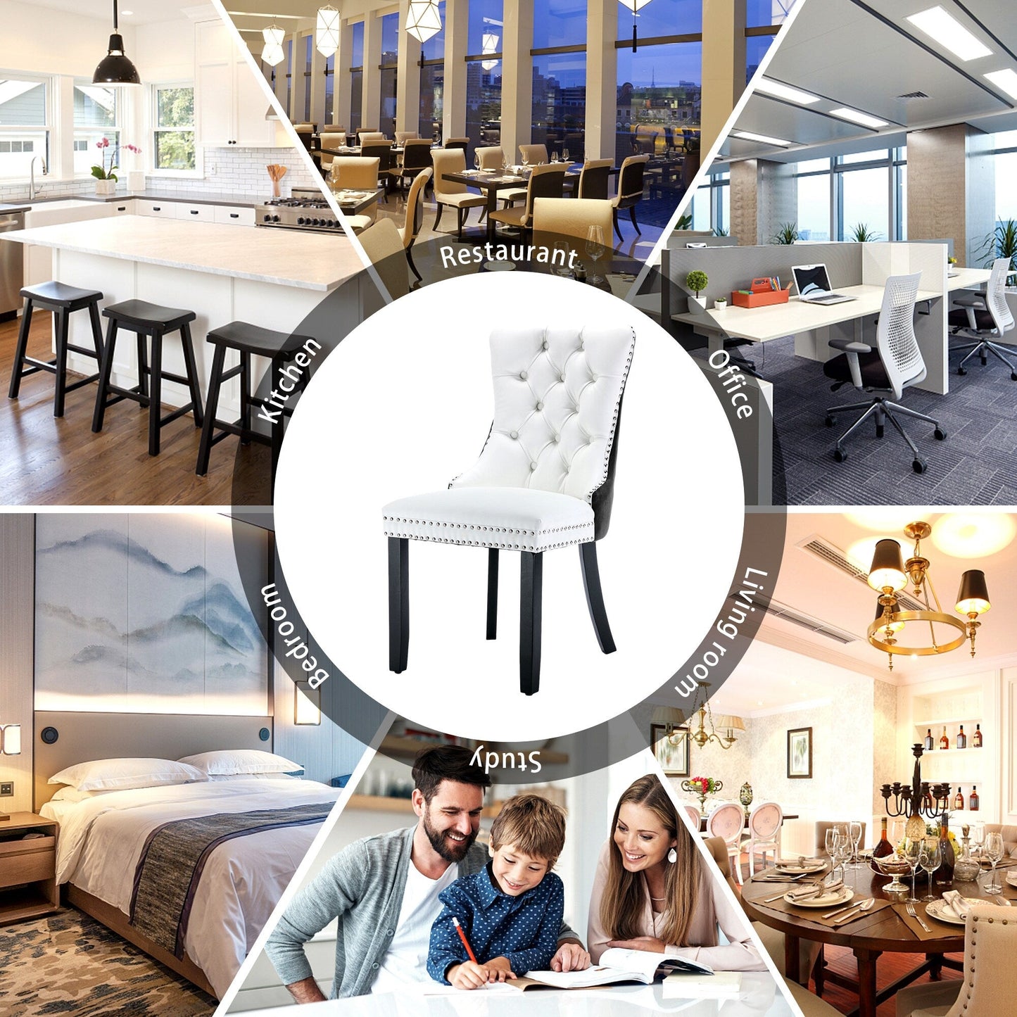 Lot de 6 chaises de salle à manger en velours capitonné avec pieds en bois massif.