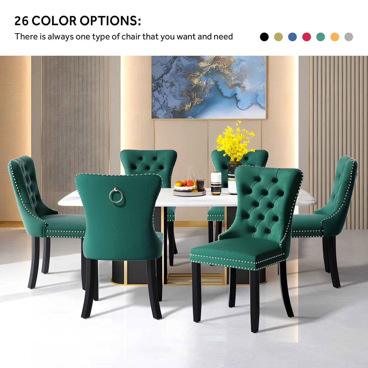 Lot de 6 chaises de salle à manger en velours capitonné avec pieds en bois massif.