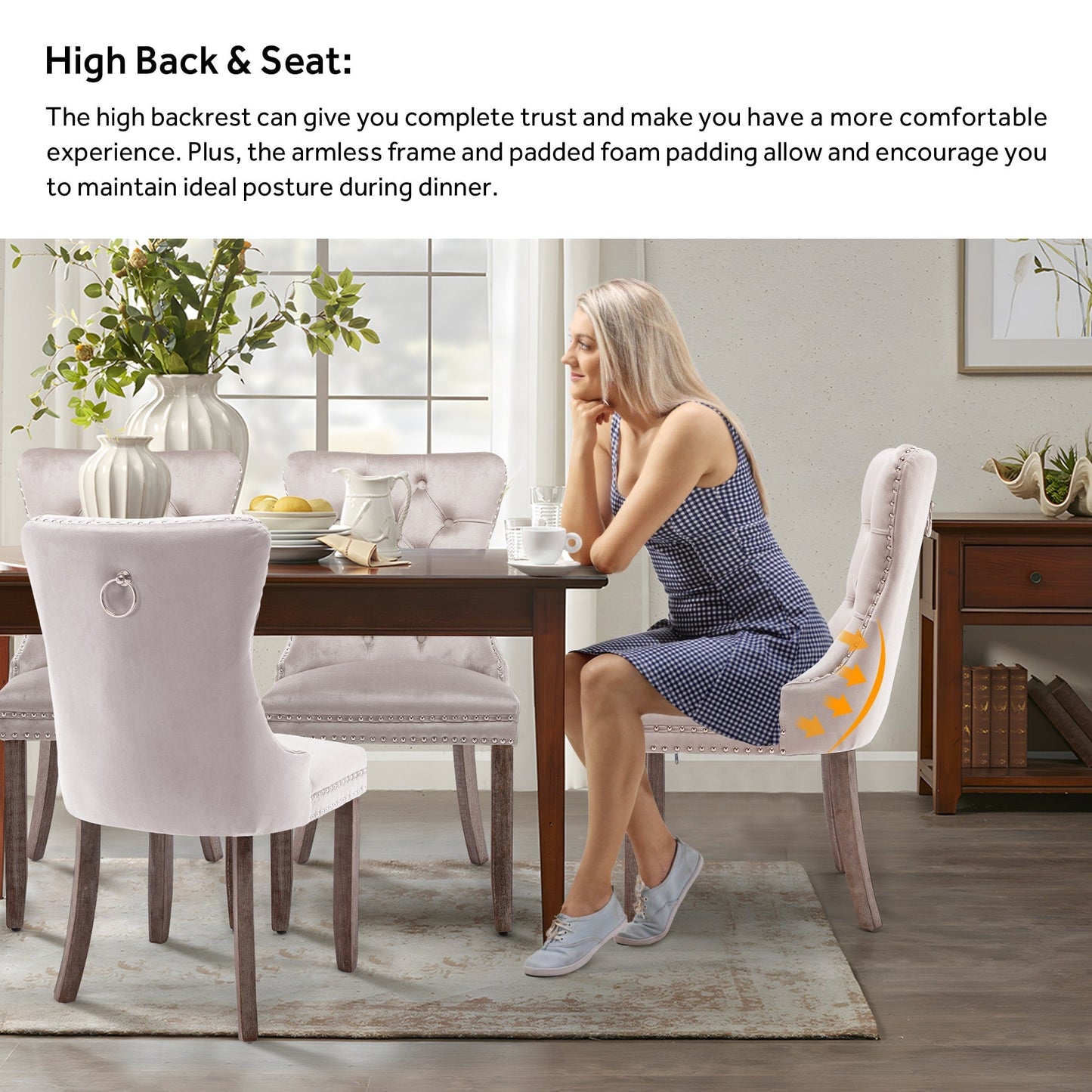 Lot de 6 chaises de salle à manger en velours capitonné avec pieds en bois massif.