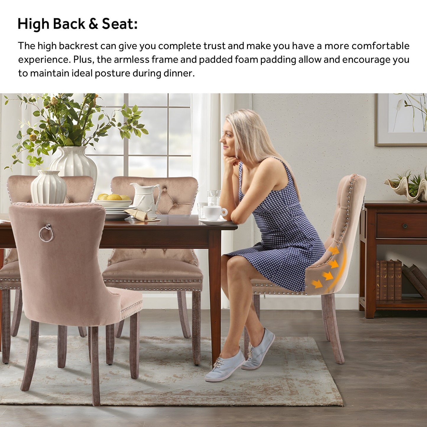 Lot de 6 chaises de salle à manger en velours capitonné avec pieds en bois massif.