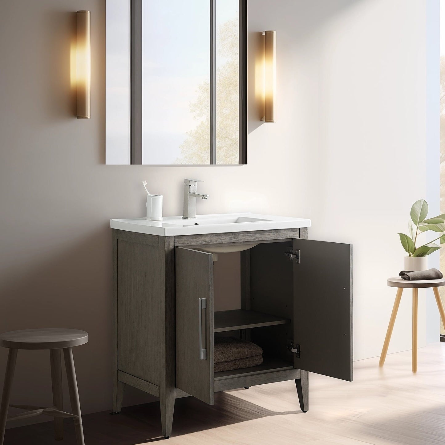 Meuble-lavabo de salle de bain Vanity Art avec lavabo simple, plateau en céramique, disponible en 20, 24 ou 30 pouces.