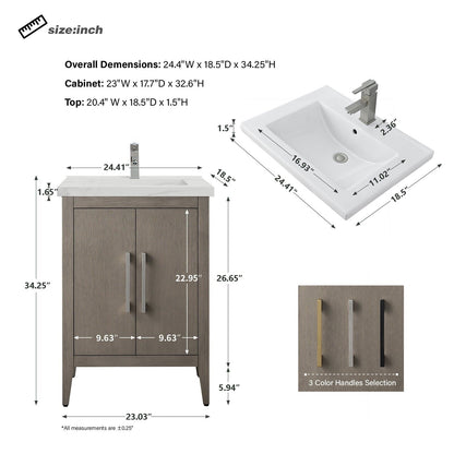 Meuble-lavabo de salle de bain Vanity Art avec lavabo simple, plateau en céramique, disponible en 20, 24 ou 30 pouces.