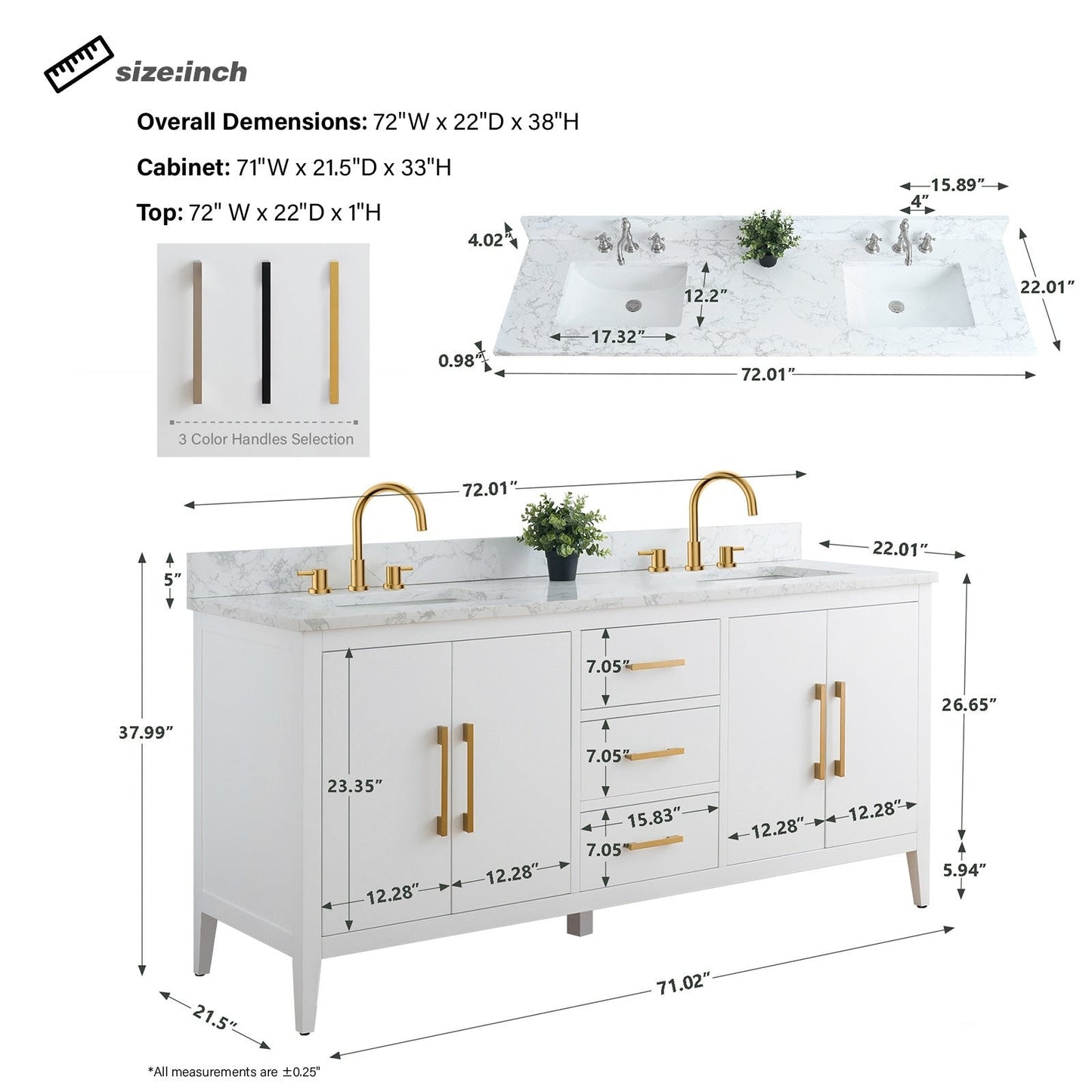 Meuble-lavabo de salle de bain Art 72 avec double lavabo et dessus en marbre synthétique.