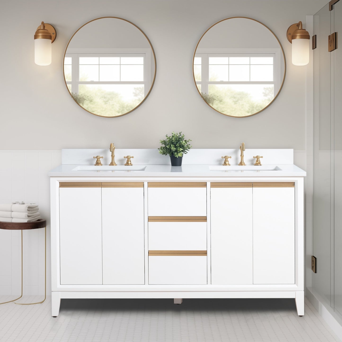 Meuble-lavabo Vanity Art avec lavabo en céramique et plan de travail en marbre composite.