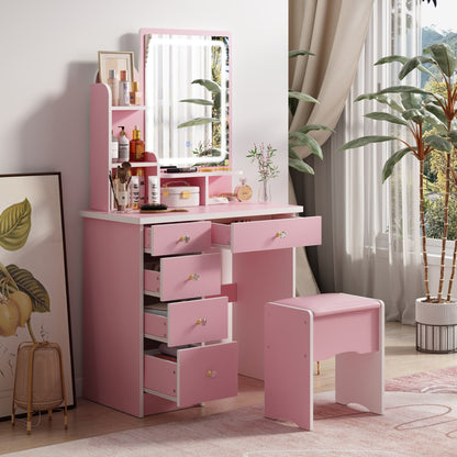 Coiffeuse avec miroir et lampe, table de maquillage et de coiffure avec tabouret.