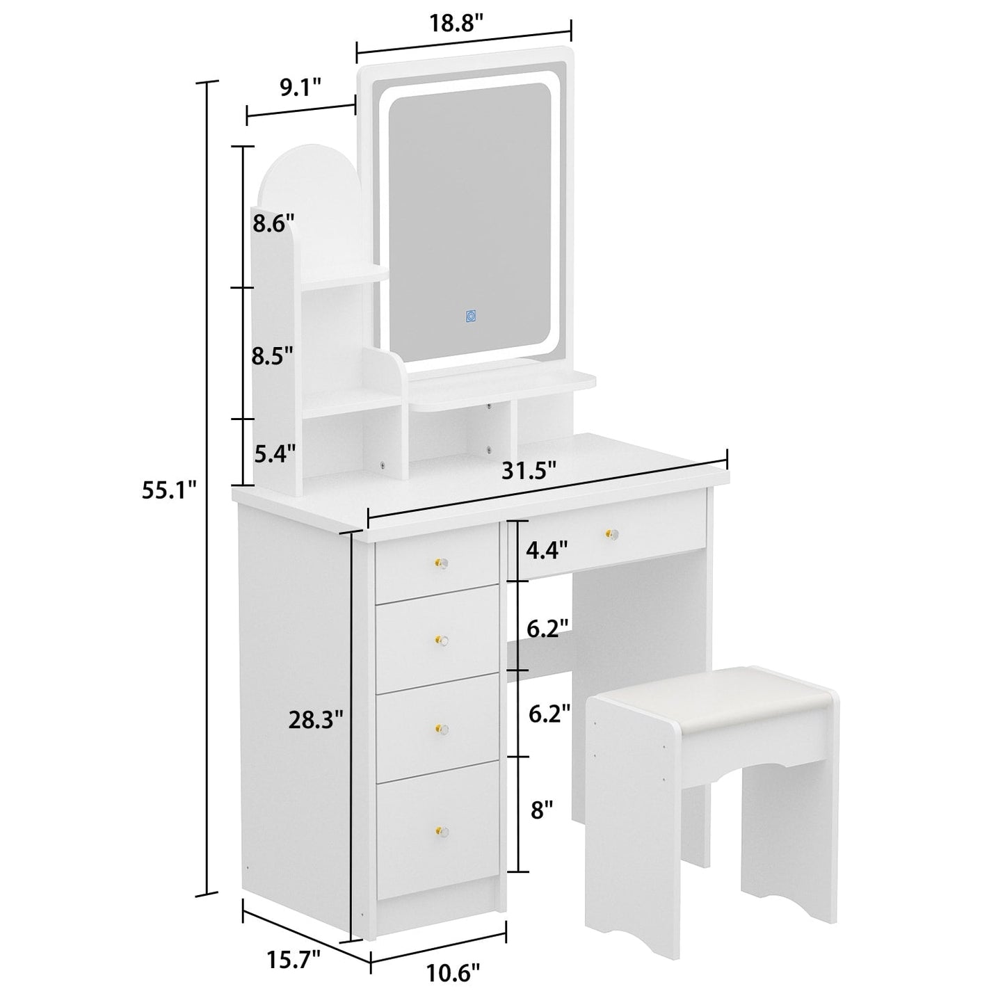 Coiffeuse avec miroir et lampe, table de maquillage et de coiffure avec tabouret.