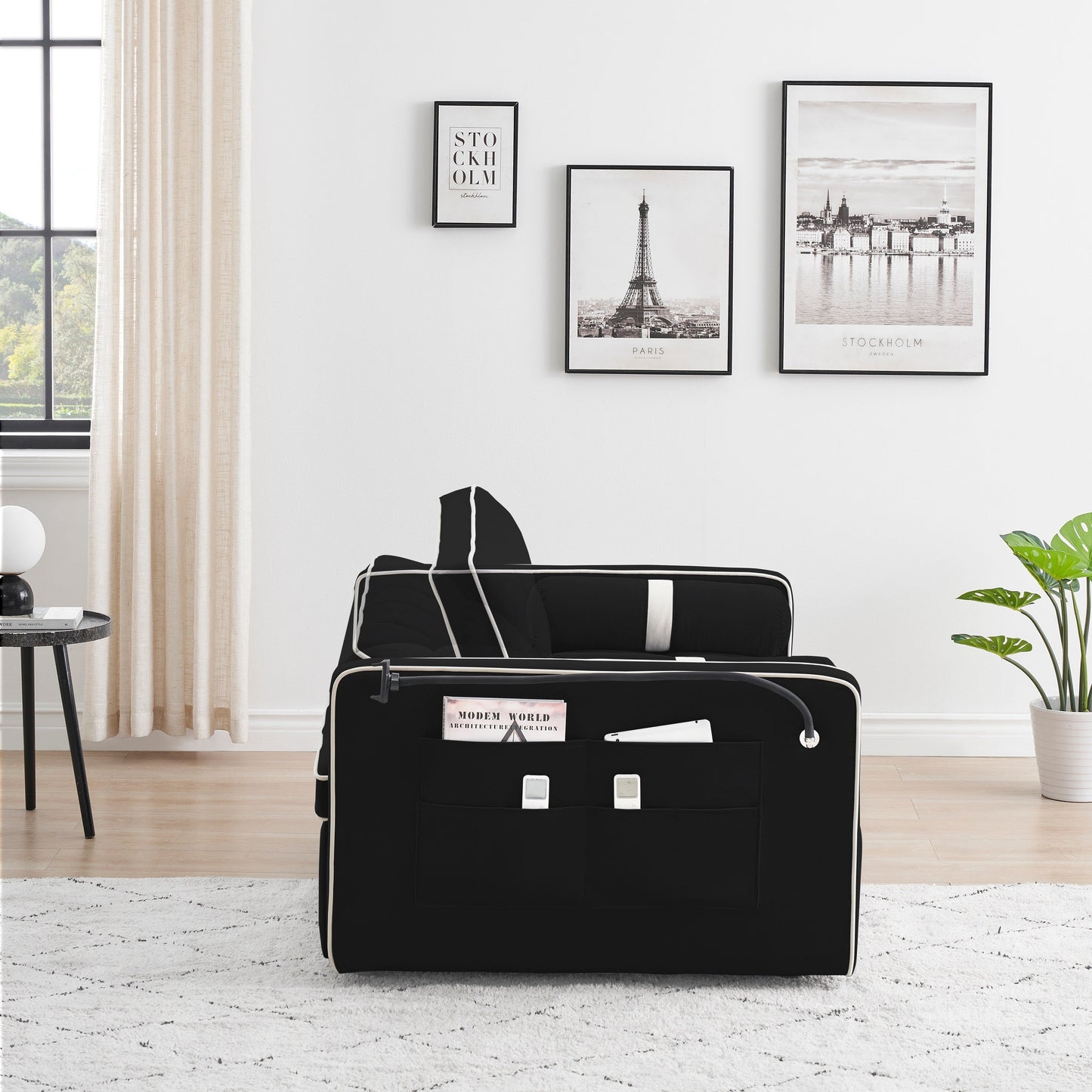 Canapé-lit convertible en velours de 139 cm (55 pouces) à 2 places avec lit escamotable, dossier inclinable, poches latérales et porte-téléphone.