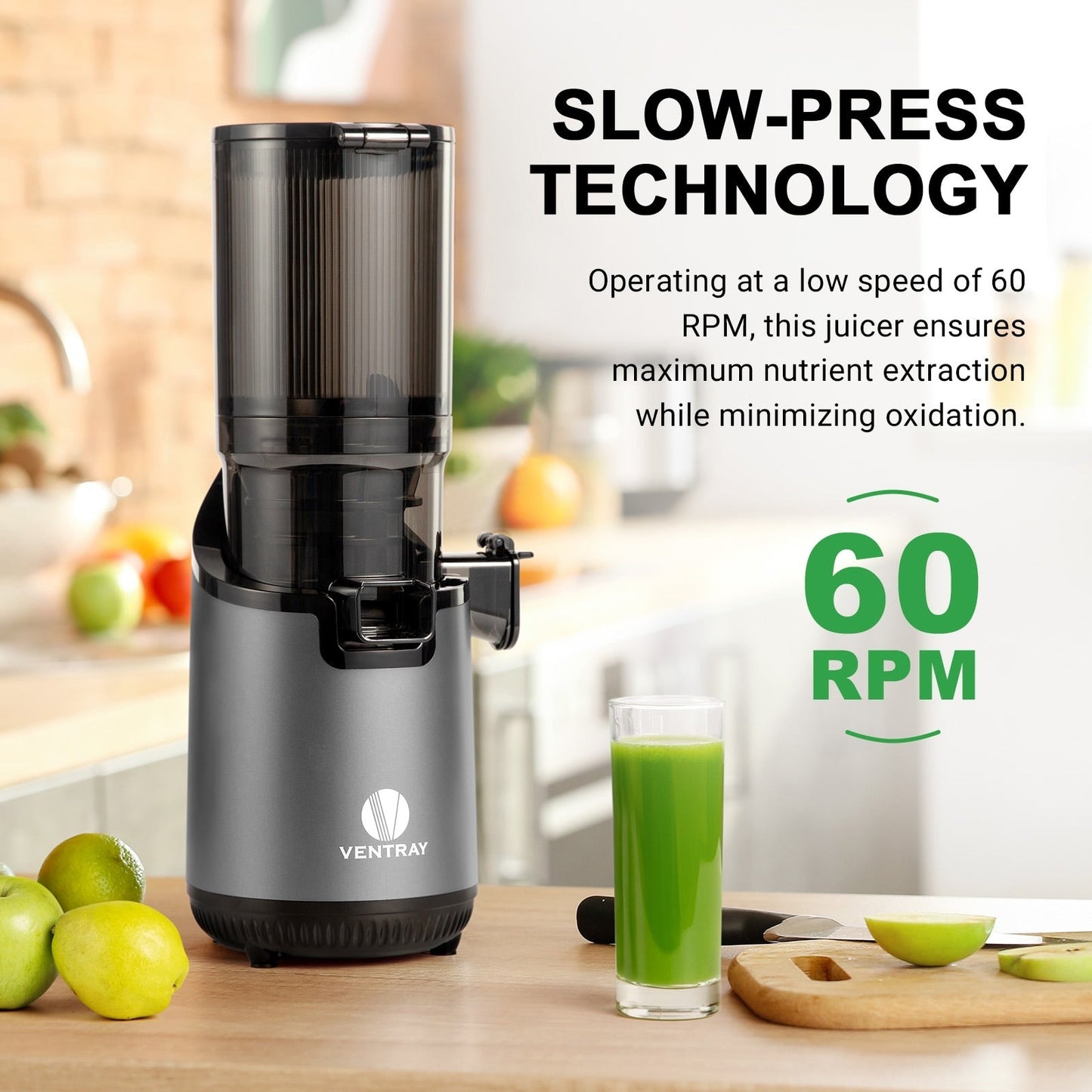 Ventray 900, centrifugeuse à mastication lente, presse à froid avec une trémie d'alimentation extra large de 5,1 pouces.