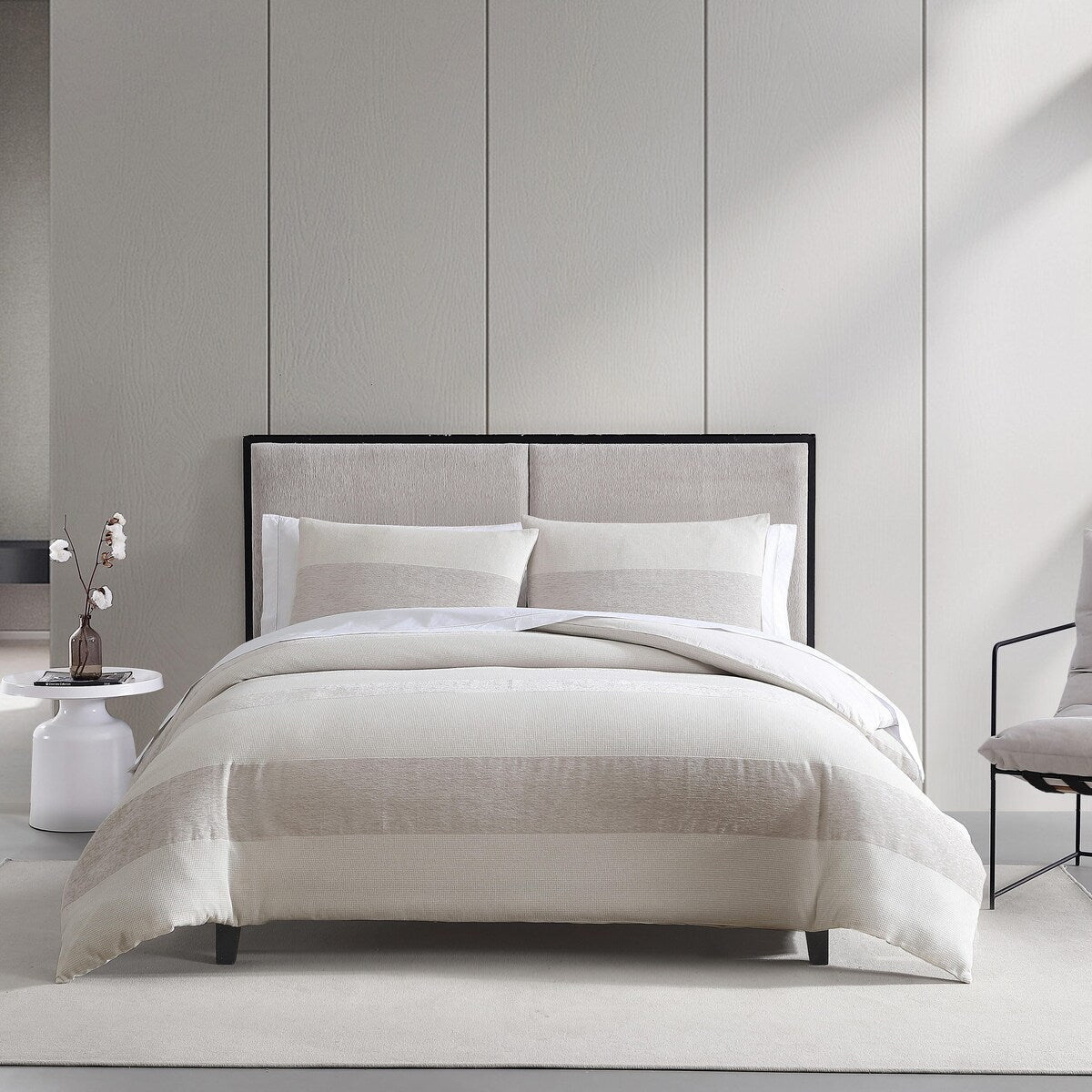 Ensemble de couette Vera Wang en chenille à rayures en forme de gaufre, couleur beige.