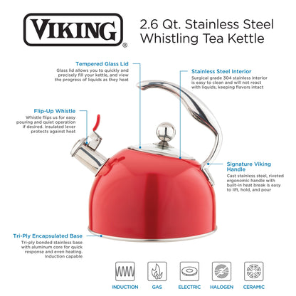 Bouilloire à sifflet Viking en acier inoxydable rouge de 2,6 quarts avec fond à 3 couches