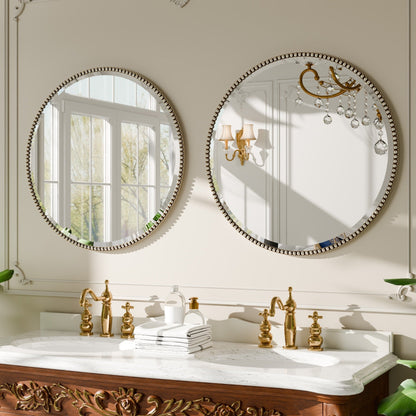 Vintage Round Bathroom Mirror with Beaded Frame