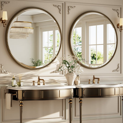 Vintage Round Bathroom Mirror with Beaded Frame