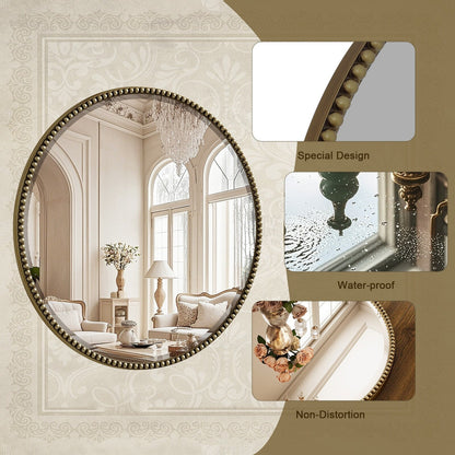 Vintage Round Bathroom Mirror with Beaded Frame