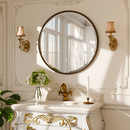 Vintage Round Bathroom Mirror with Beaded Frame