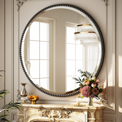 Vintage Round Bathroom Mirror with Beaded Frame
